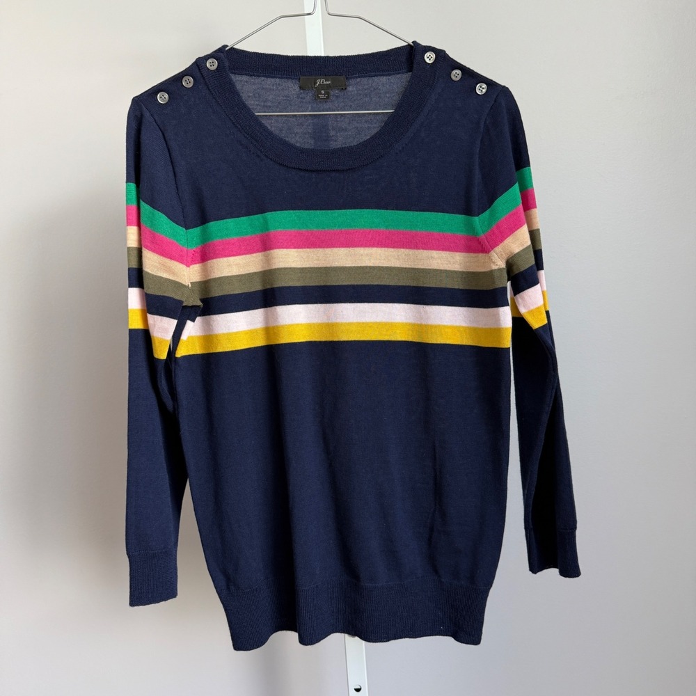 J Crew Merino Wool Academia Office Siren Preppy‎ Button Striped Sweater S Blue